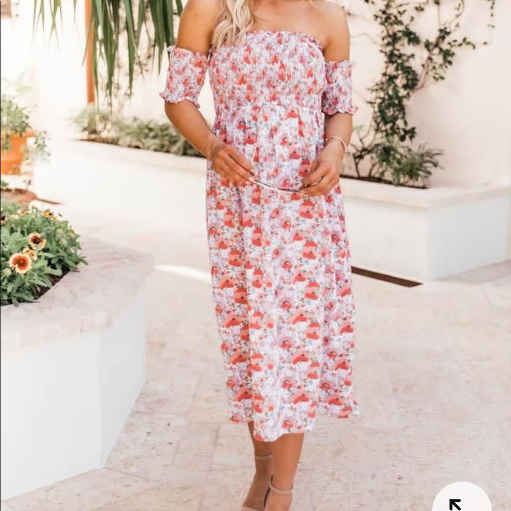 Pink Lily Off The Shoulder Floral Midi Dress. Size Small. BRAND NEW! NEVER WORN!